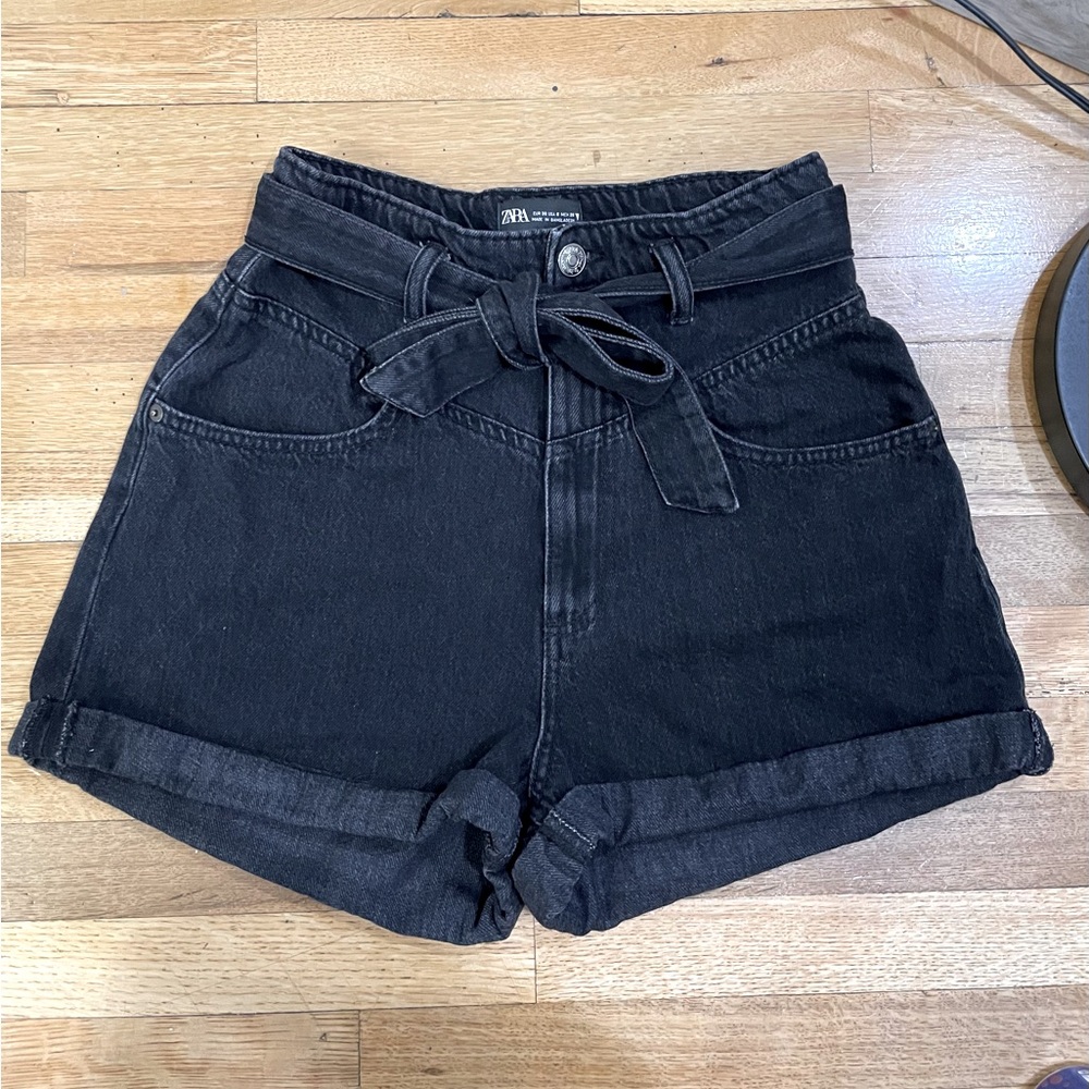 Zara High Waisted Black Wash Denim Shorts